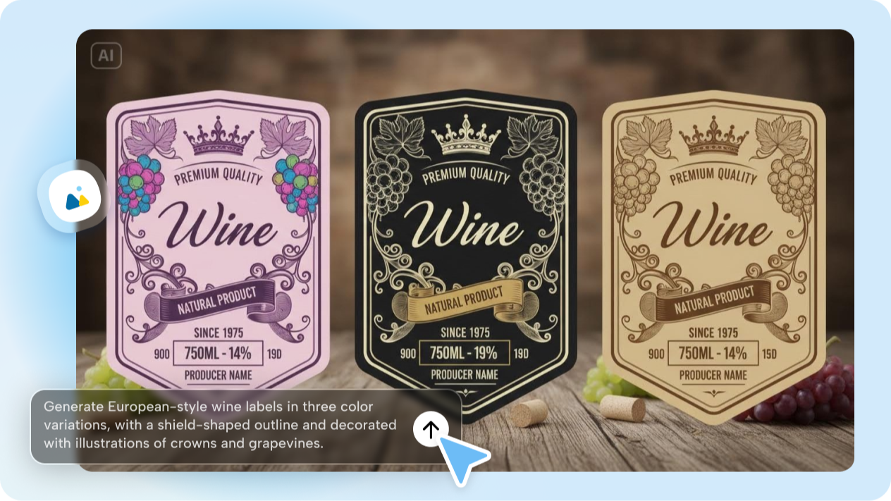 Design custom wine labels from creative descriptions