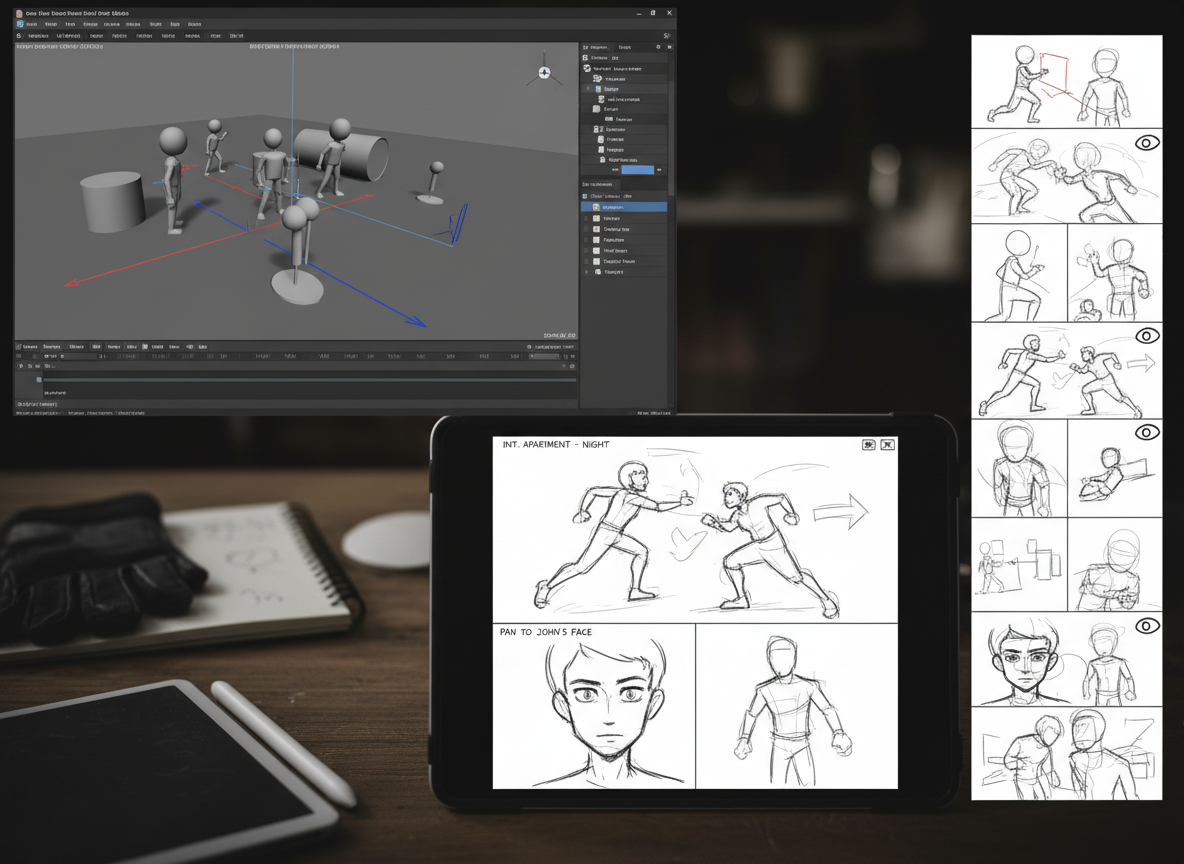 Schema di blocco degli scatti con frecce della fotocamera e pannelli storyboard per previs indie.