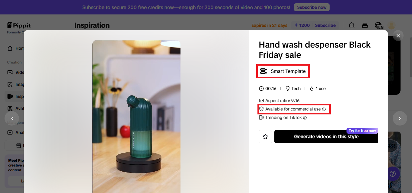 Pippit's smart template and commercial-ready badges on a TikTok template
