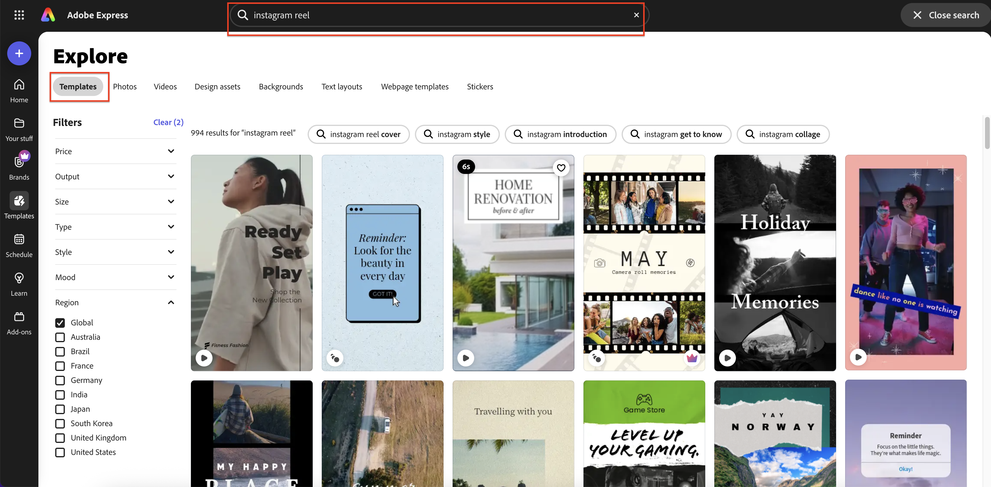 Adobe Express 인스타그램 릴 템플릿 선택