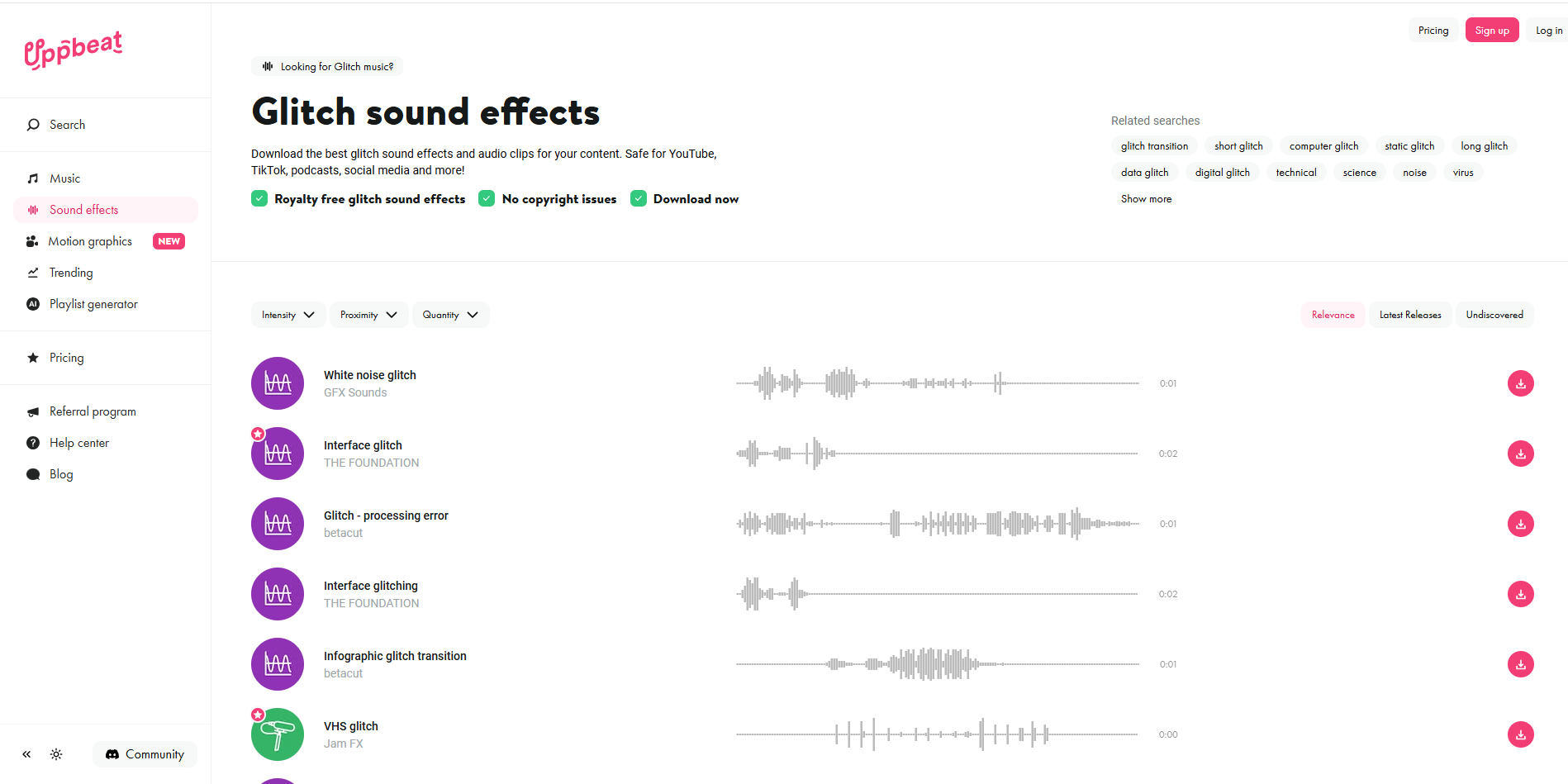 Interface of Uppbeat - an easy way to download glitch SFX