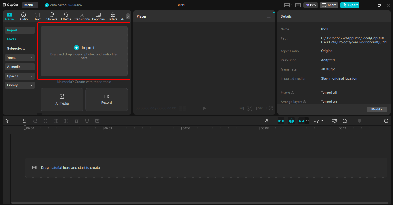 Importação de vídeo no editor de vídeo de desktop CapCut