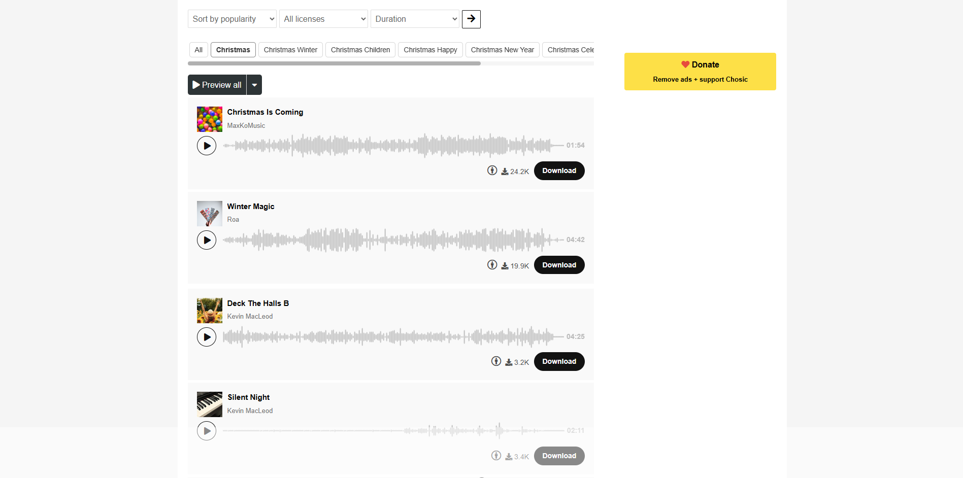 Interface of Chosic - a quick way to download free Christmas music