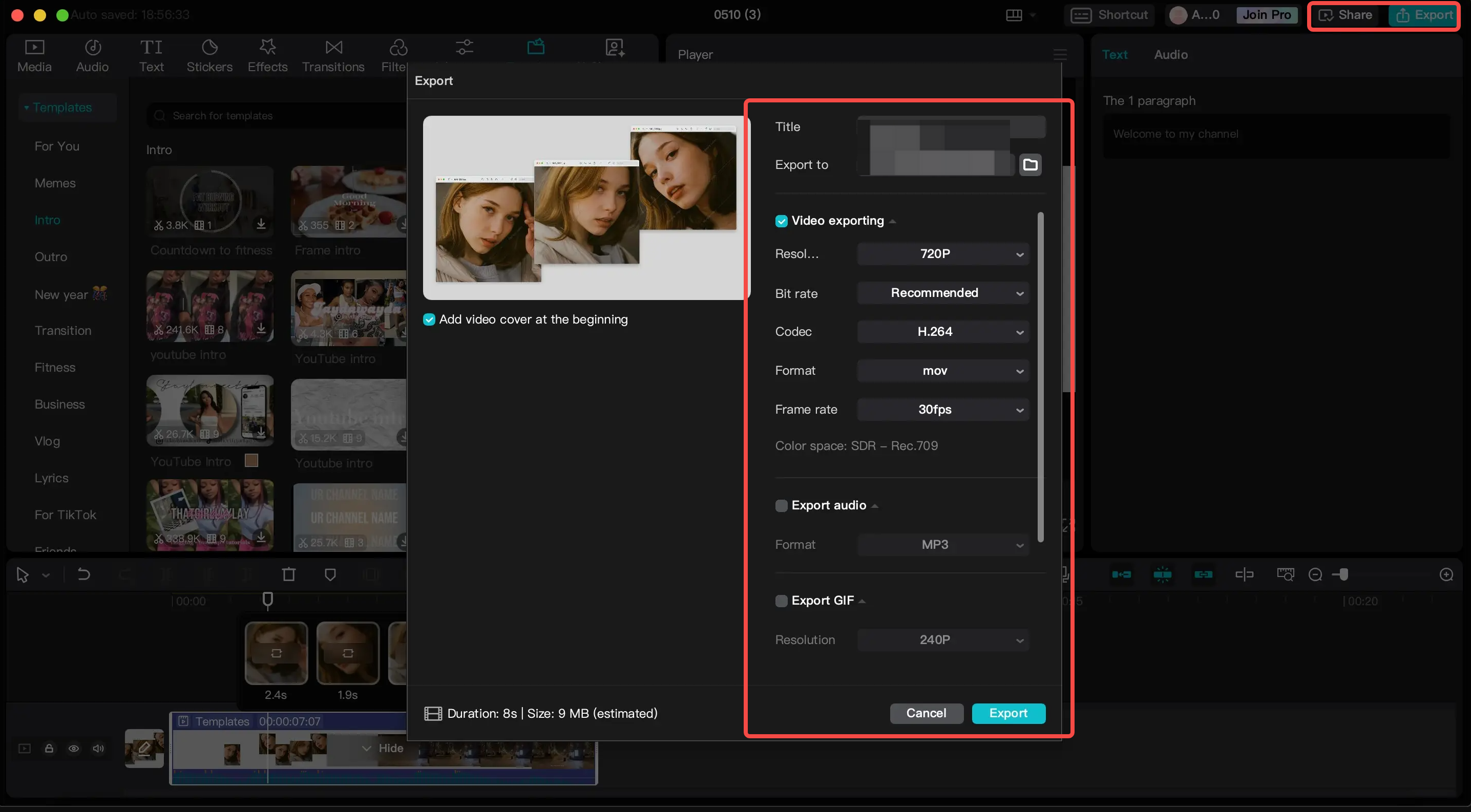 Screenshot showing preview, export, and sharing a customized CapCut video