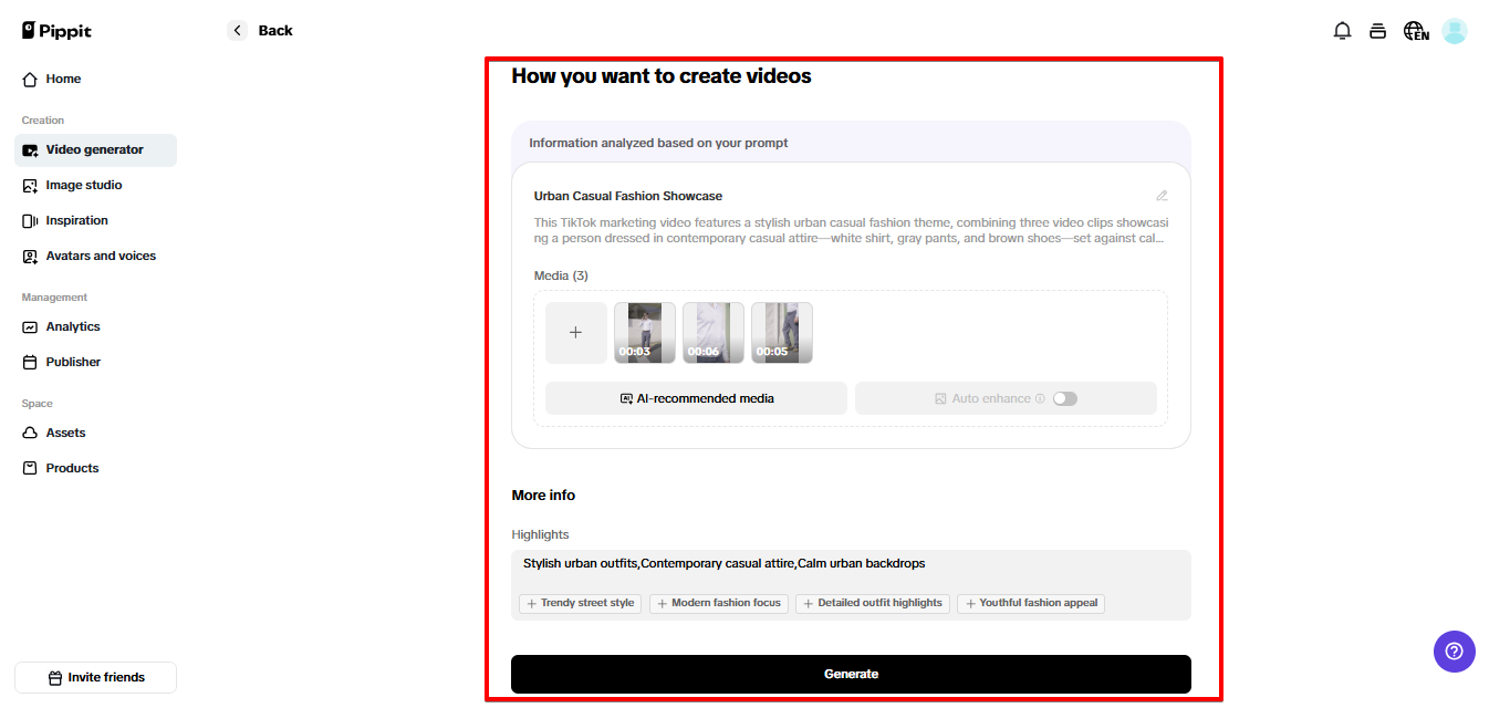 Genererar video i Pippit