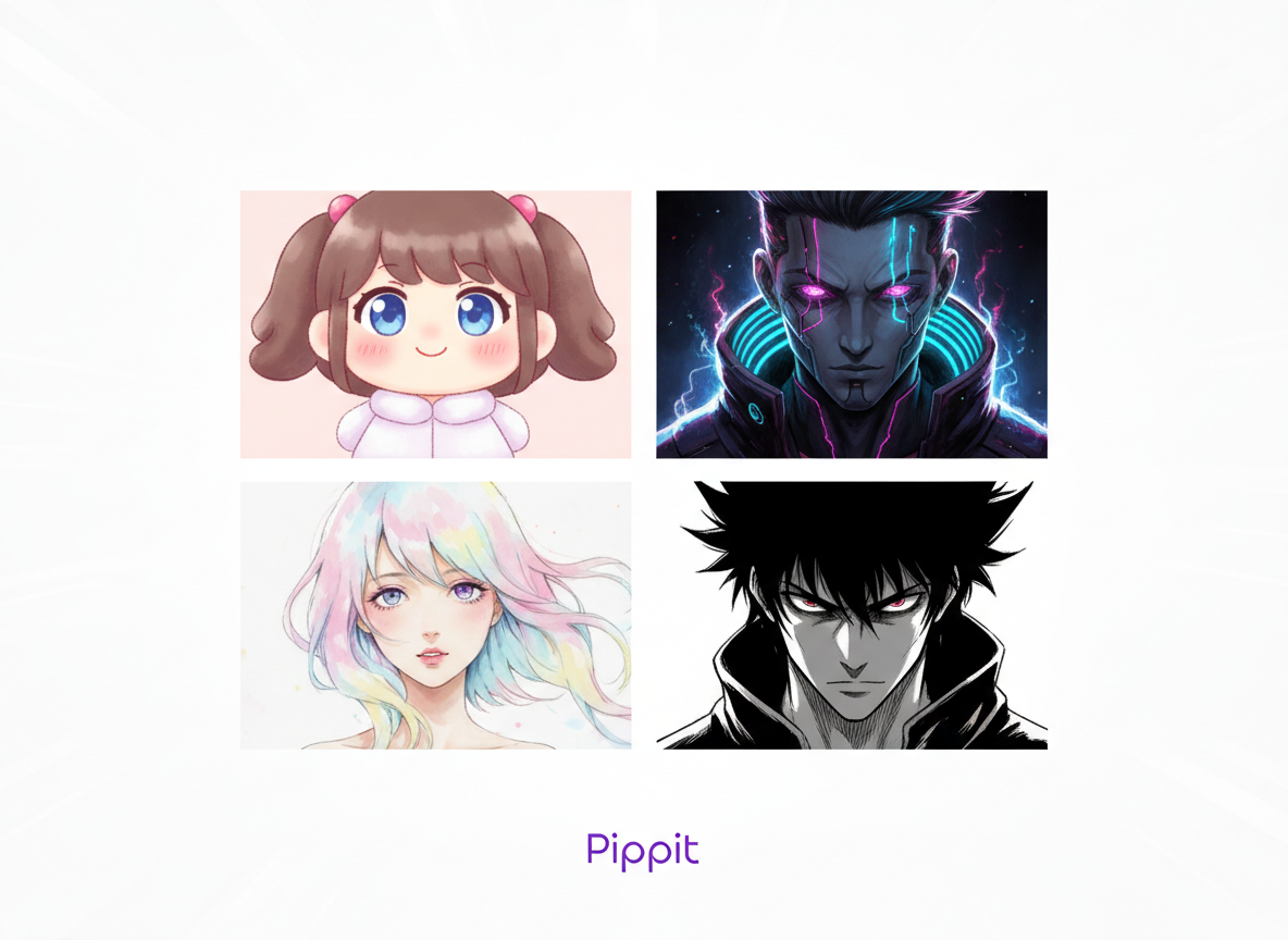 ภาพตัดปะของสไตล์อวตารอะนิเมะ AI: chibi นีออนไซเบอร์พังค์ สีพาสเทลสีน้ำและหมึกมังงะบนพื้นหลังที่สดใส