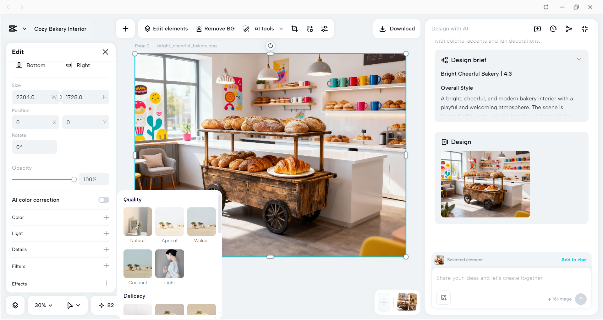 Interface of the CapCut desktop video editor - a valuable tool to design the interior of a bakery shop