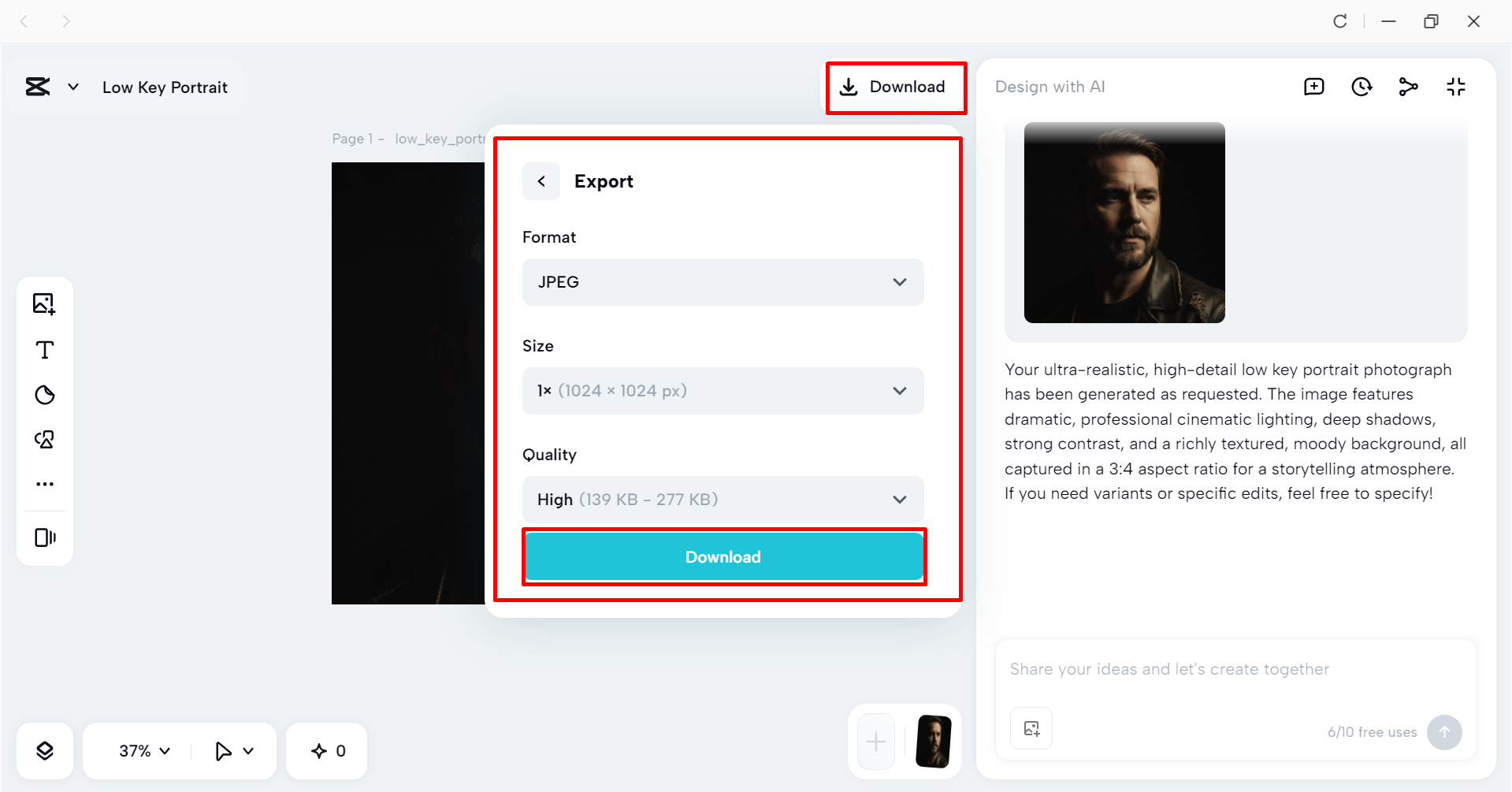Downloading high key vs low key image from the CapCut desktop video editor