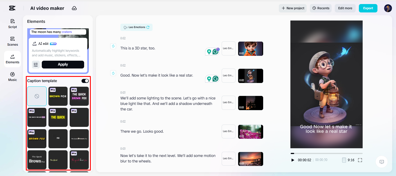 Adding captions to video in CapCut's AI video maker