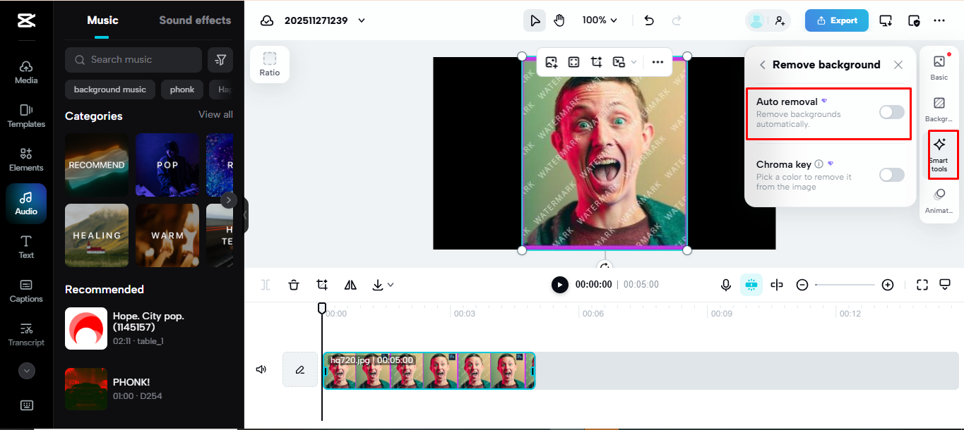 Removing watermark with background remover in CapCut Web