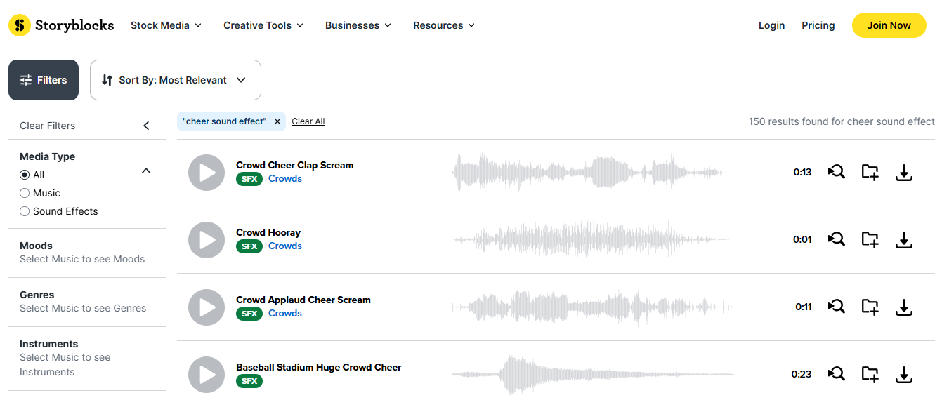 Storyblock - sumber yang hebat untuk memuat turun kesan bunyi sorak percuma