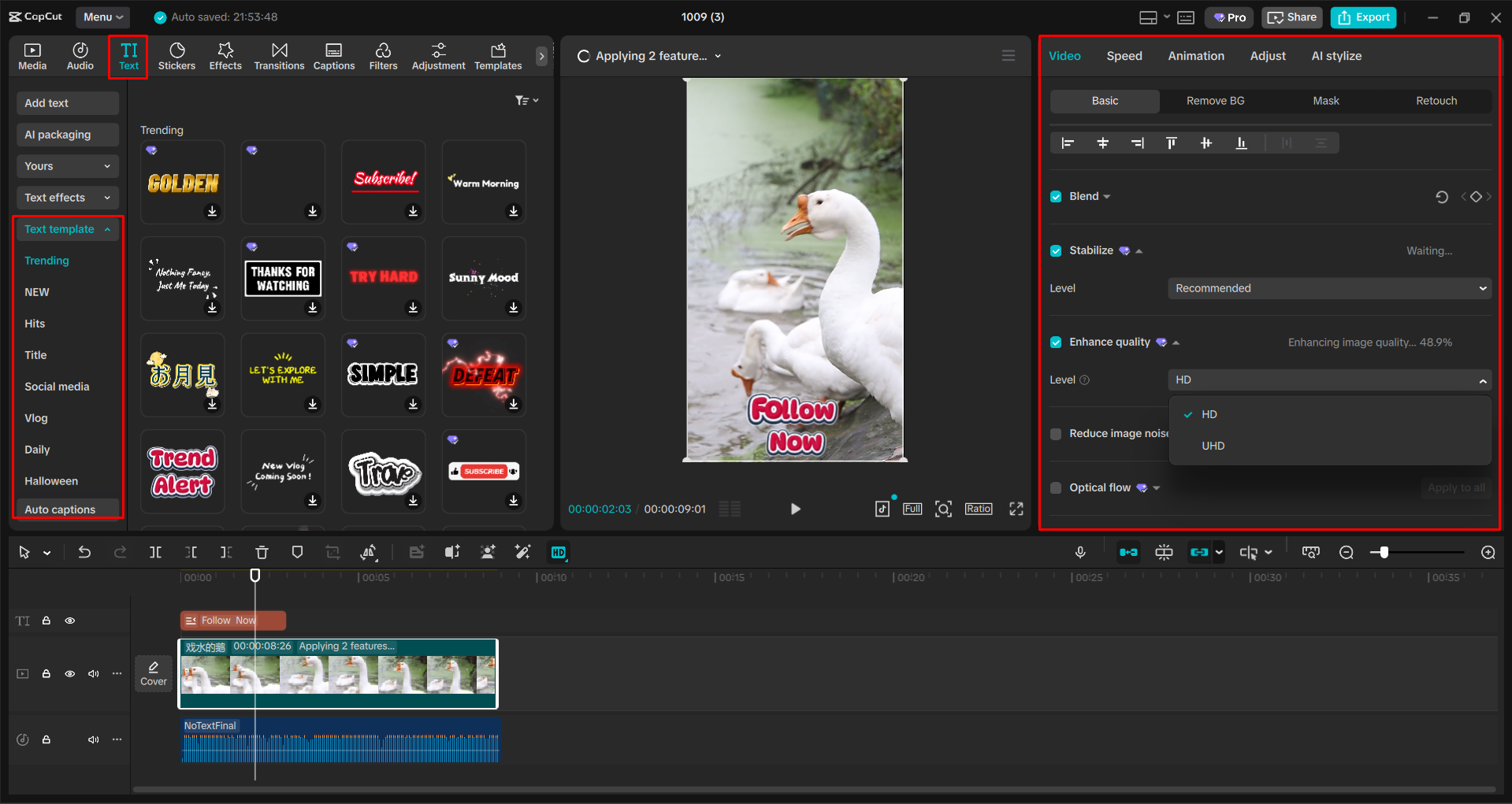 Editing and enhancing a video with the CapCut desktop video editor