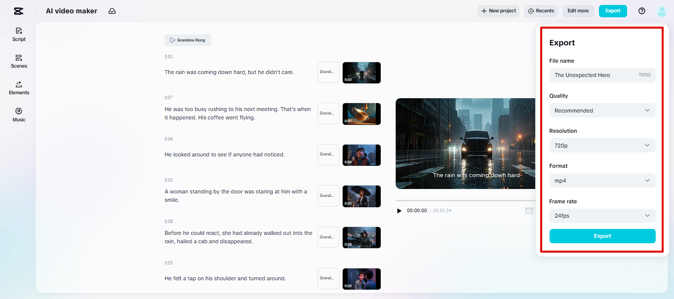 Exportieren von Videos aus CapCut Web