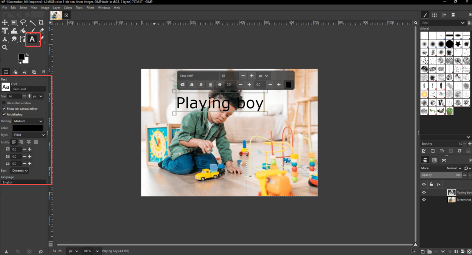 Insert and position text in the image on GIMP