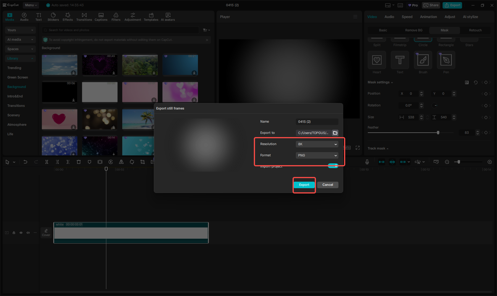 Exporting the black fade PNG in CapCut