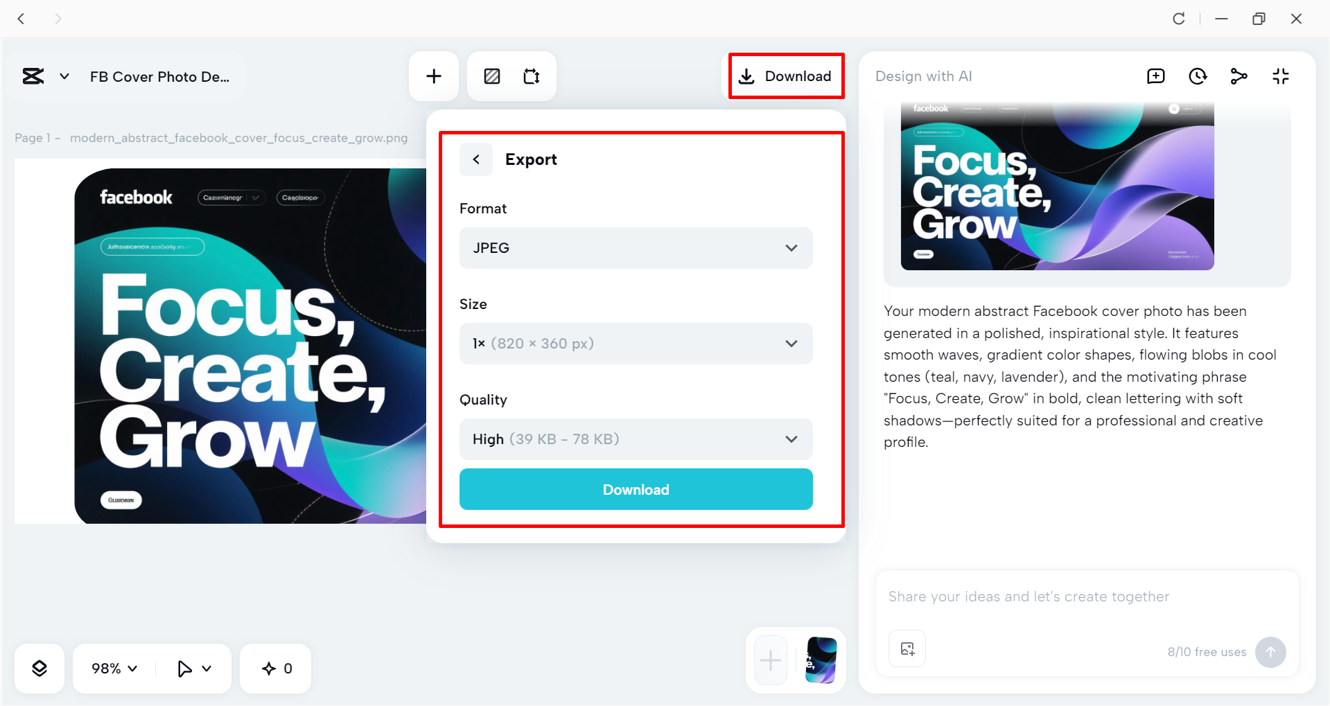Downloading the cover photo from the CapCut desktop video editor