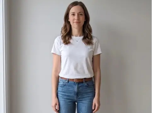 Woman standing against a plain wall in a white T-shirt and jeans