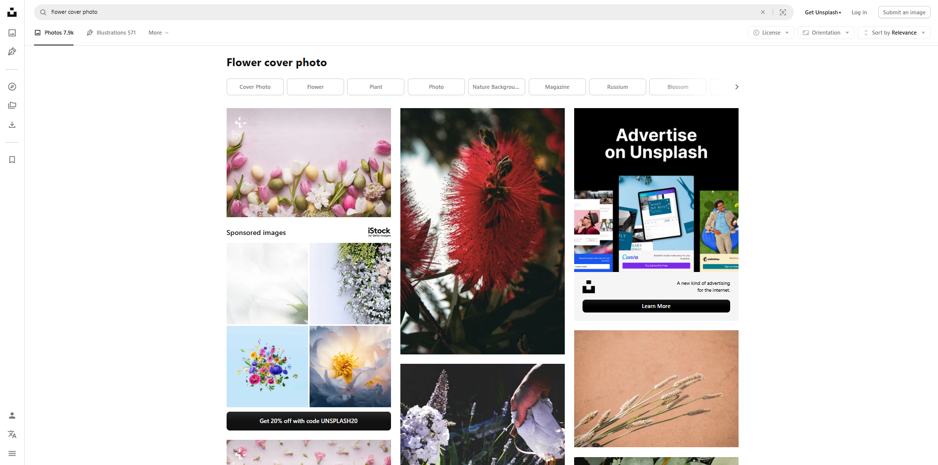 Interface of Unsplash - a site with engaging flower Facebook cover photos