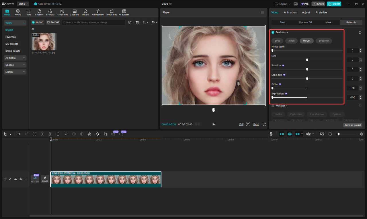 Using the Retouch feature to change facial expressions in CapCut