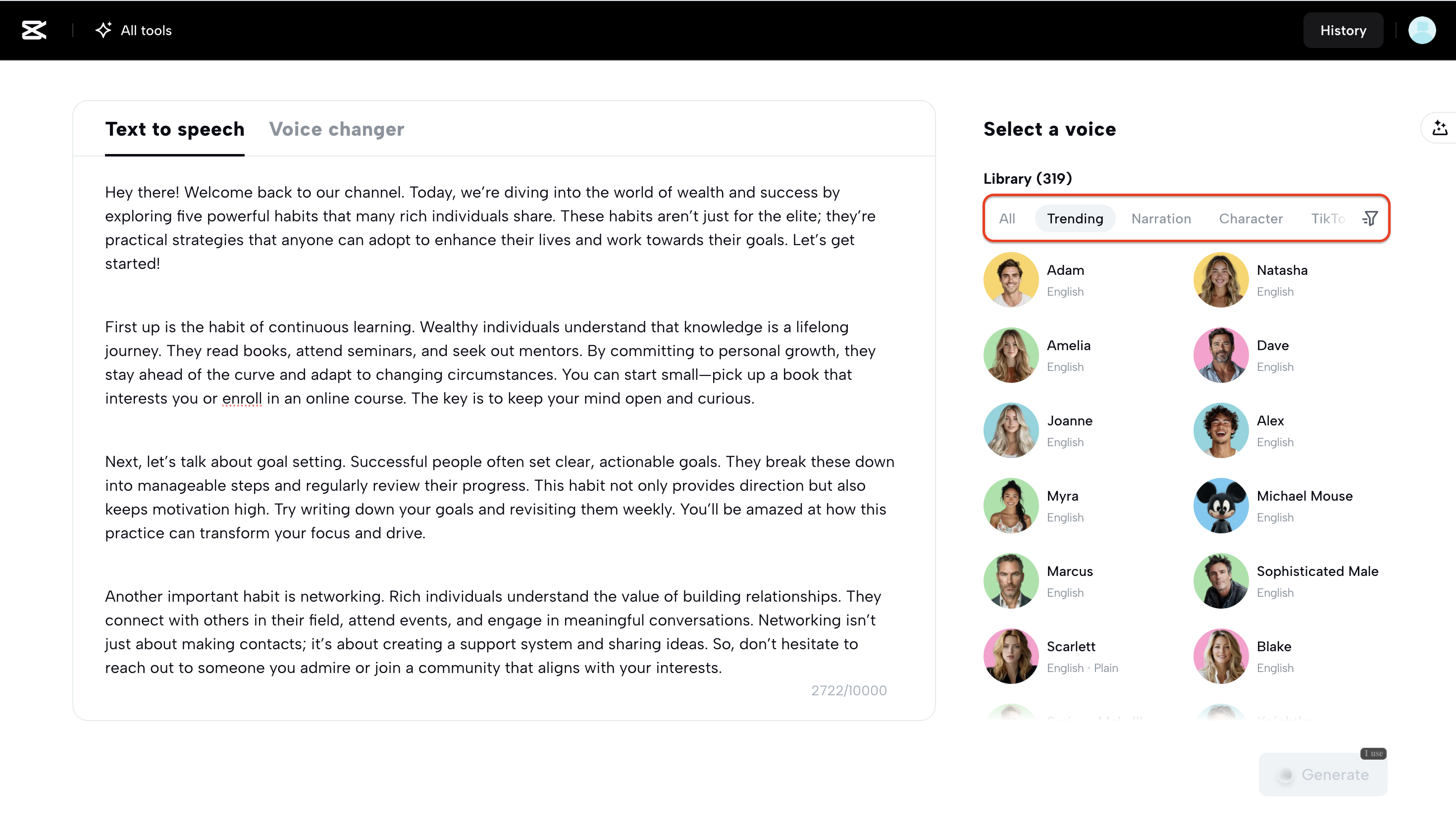 Browse through the list of AI voices