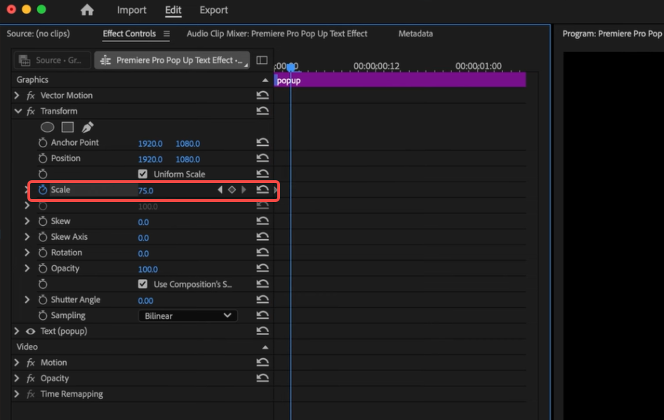 Create pop up text animation using scale