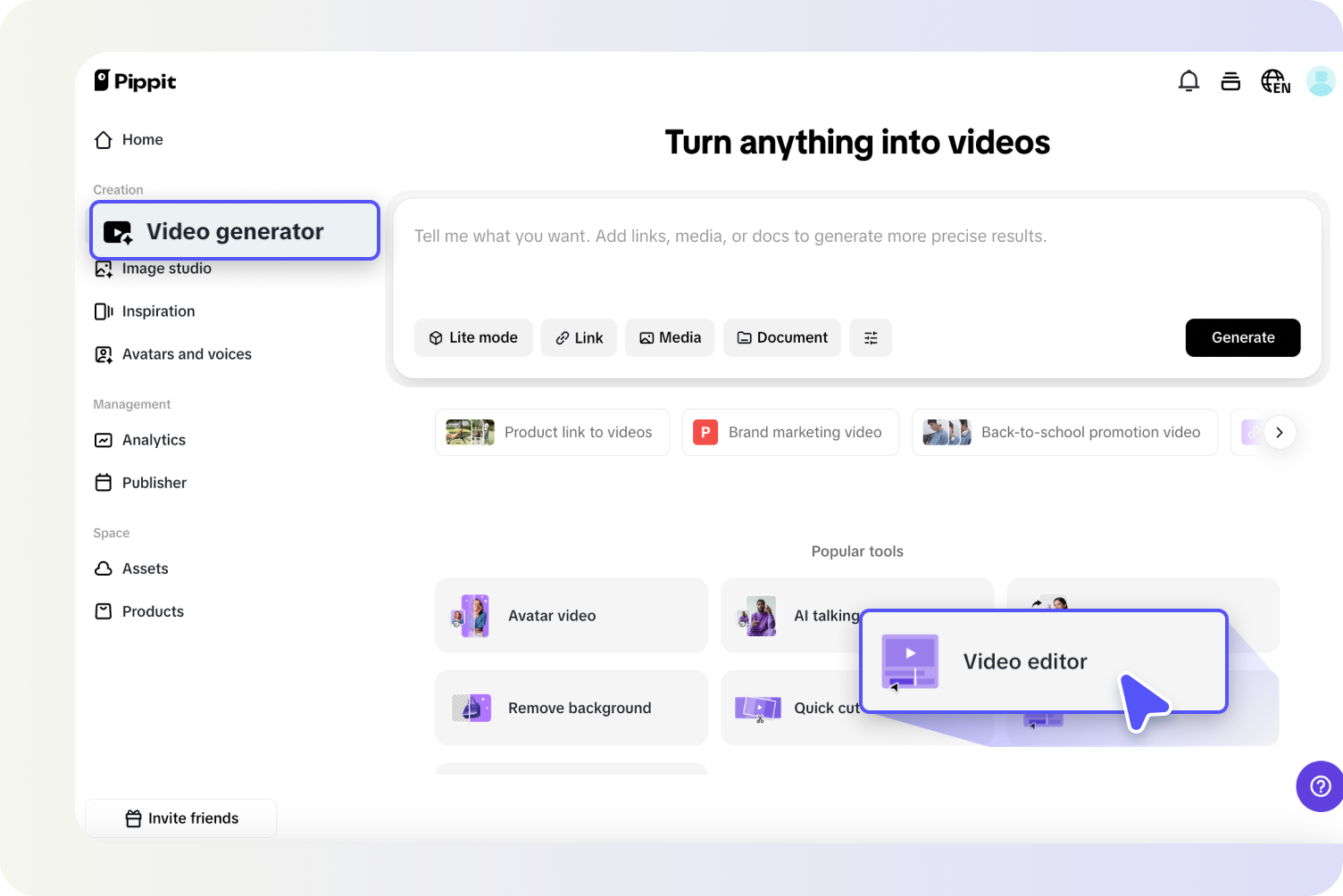 เปิดโปรแกรมแก้ไขวิดีโอใน Pippit