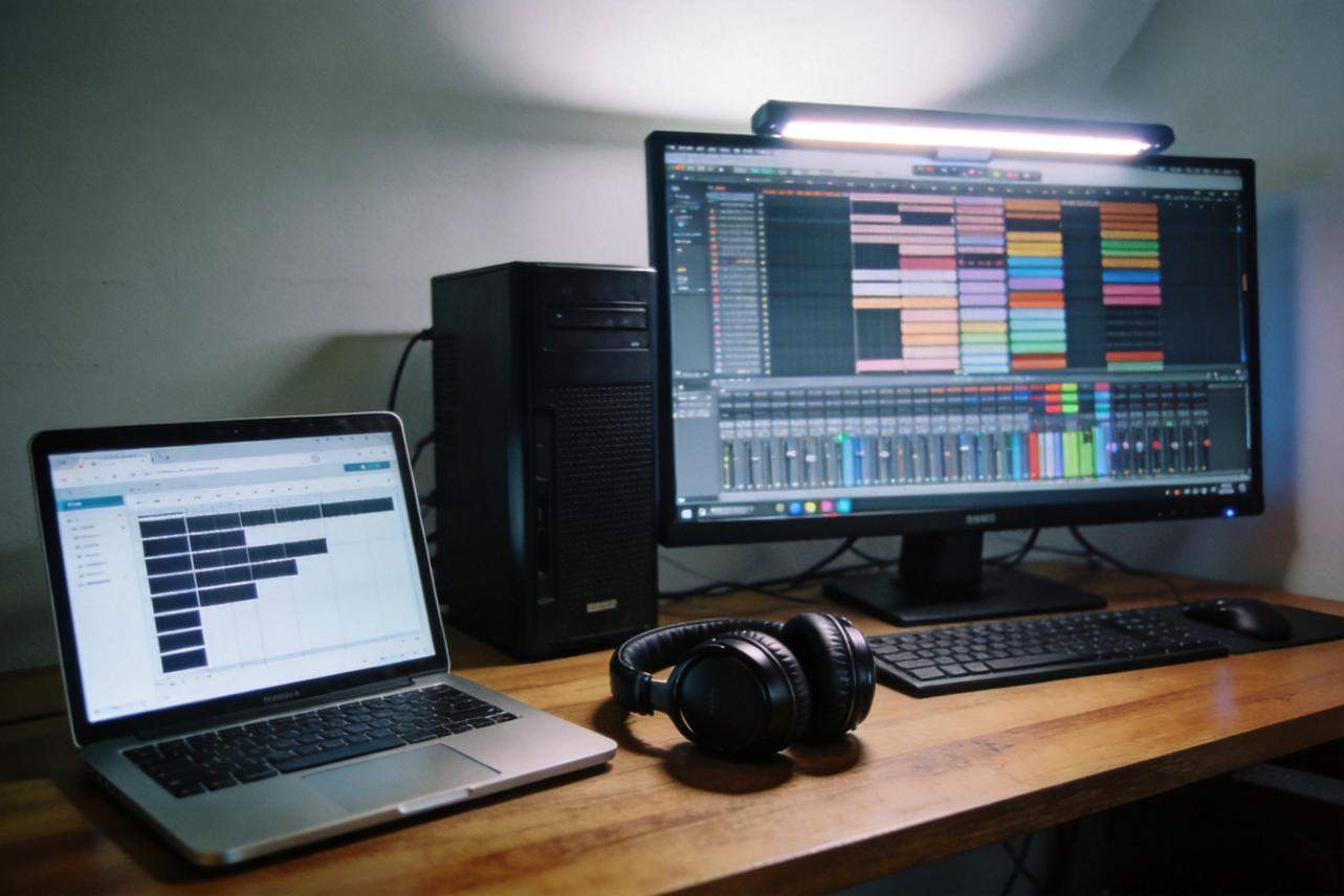 Laptop and desktop monitor showing video editing timelines on a desk with headphones and keyboard