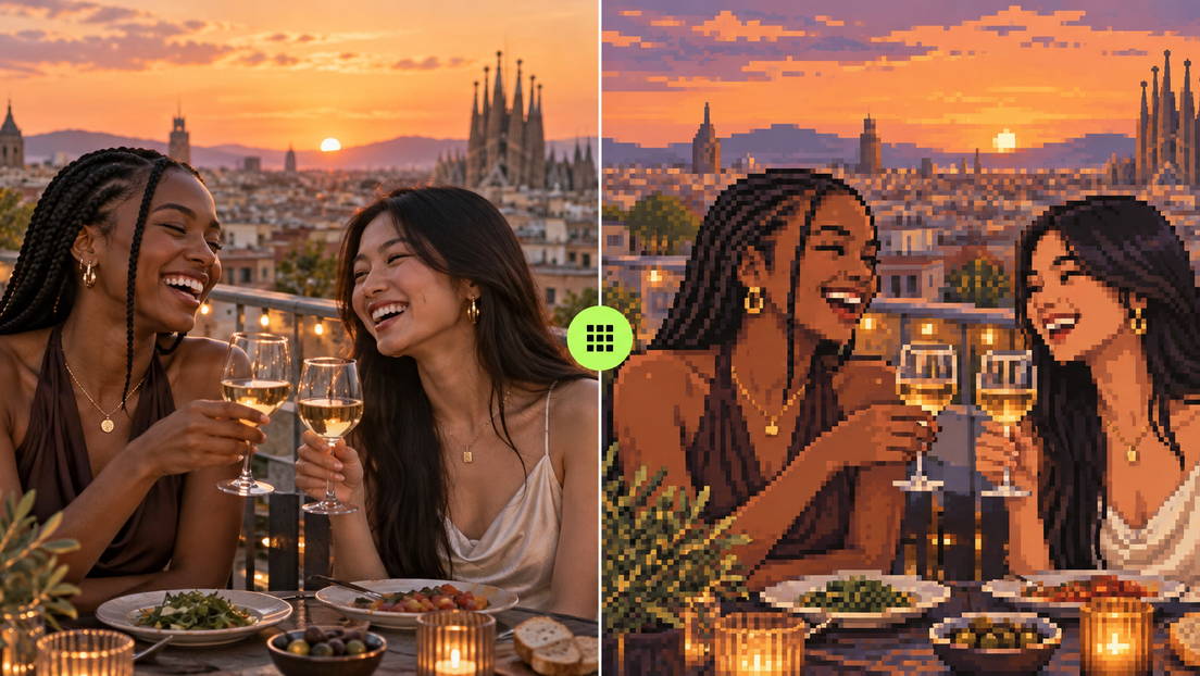 Two friends on a rooftop shown as a clean photo-to-pixel-art comparison