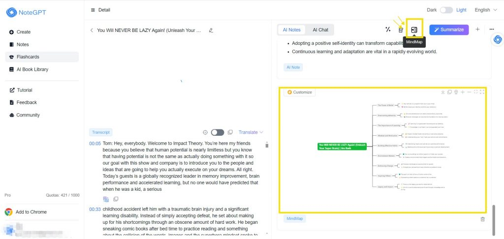 NoteGPT creating mindmaps