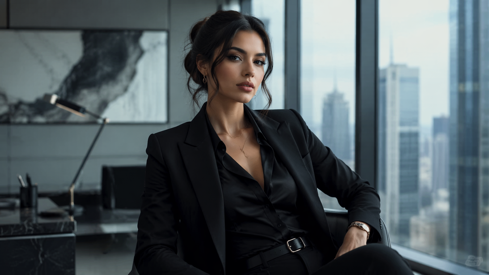 Dreamina AI office siren filter prompt example 2: Glass Boardroom Editorial