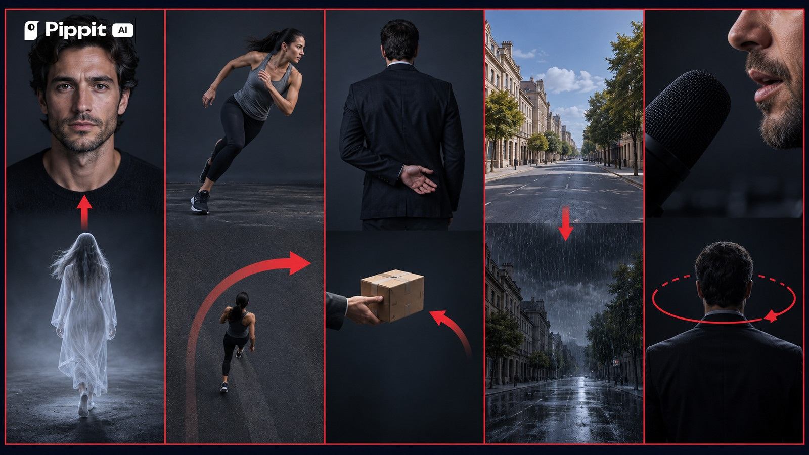 Five visual columns show common conflicts involving a portrait, runner, hidden hand, rain, and camera orbit.