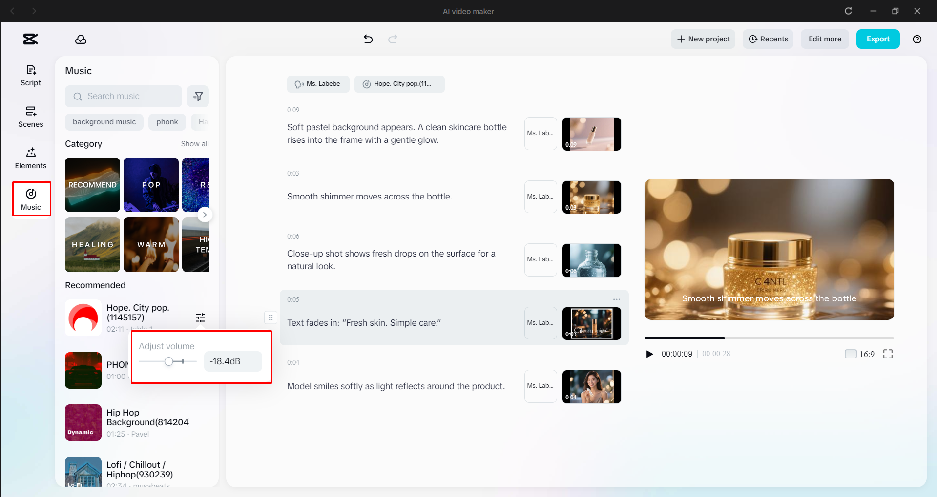 Adding background music to the video in the CapCut desktop video editor