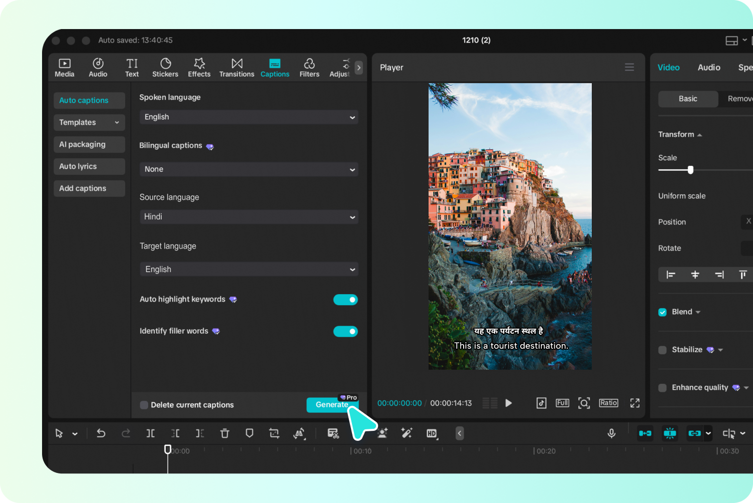 Translate Hindi video to English in CapCut