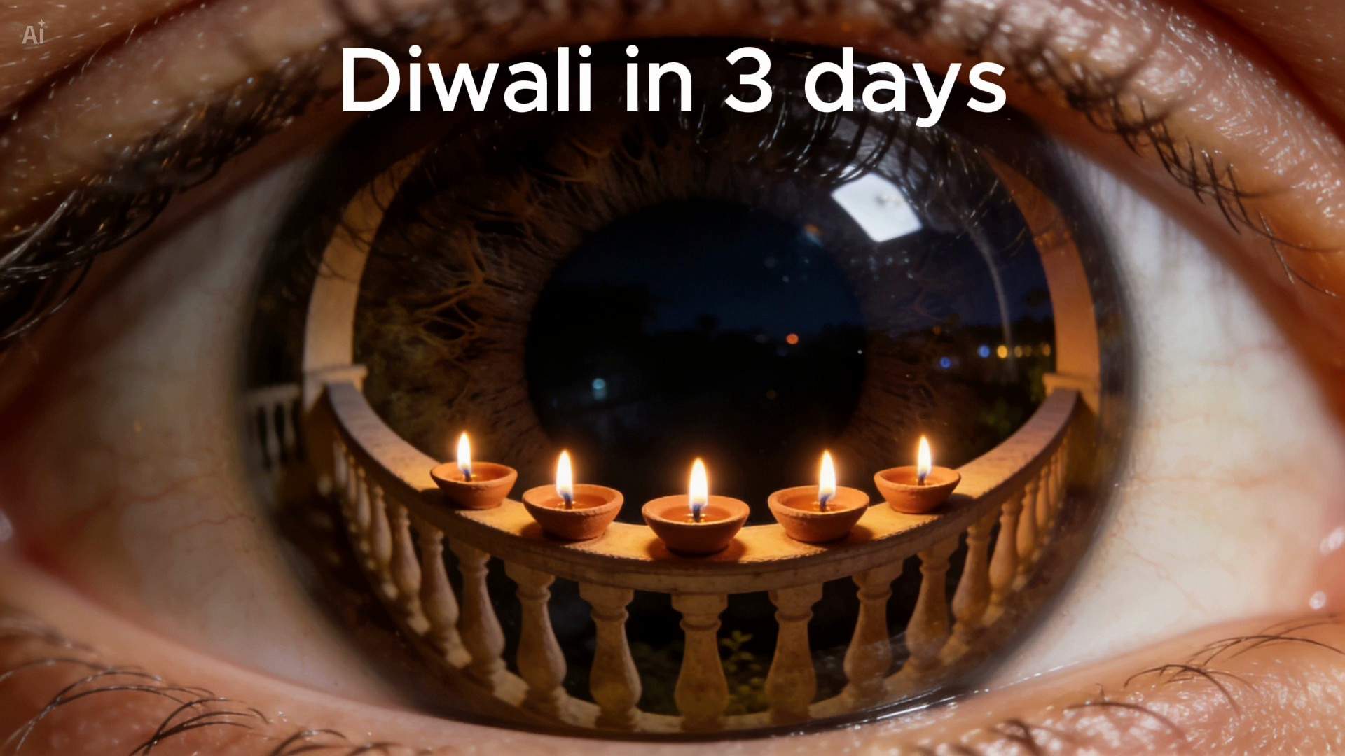 Extreme close-up of an eye; a curved balcony railing with five lit clay lamps is reflected across the pupil, with the words Diwali in 3 days above it.