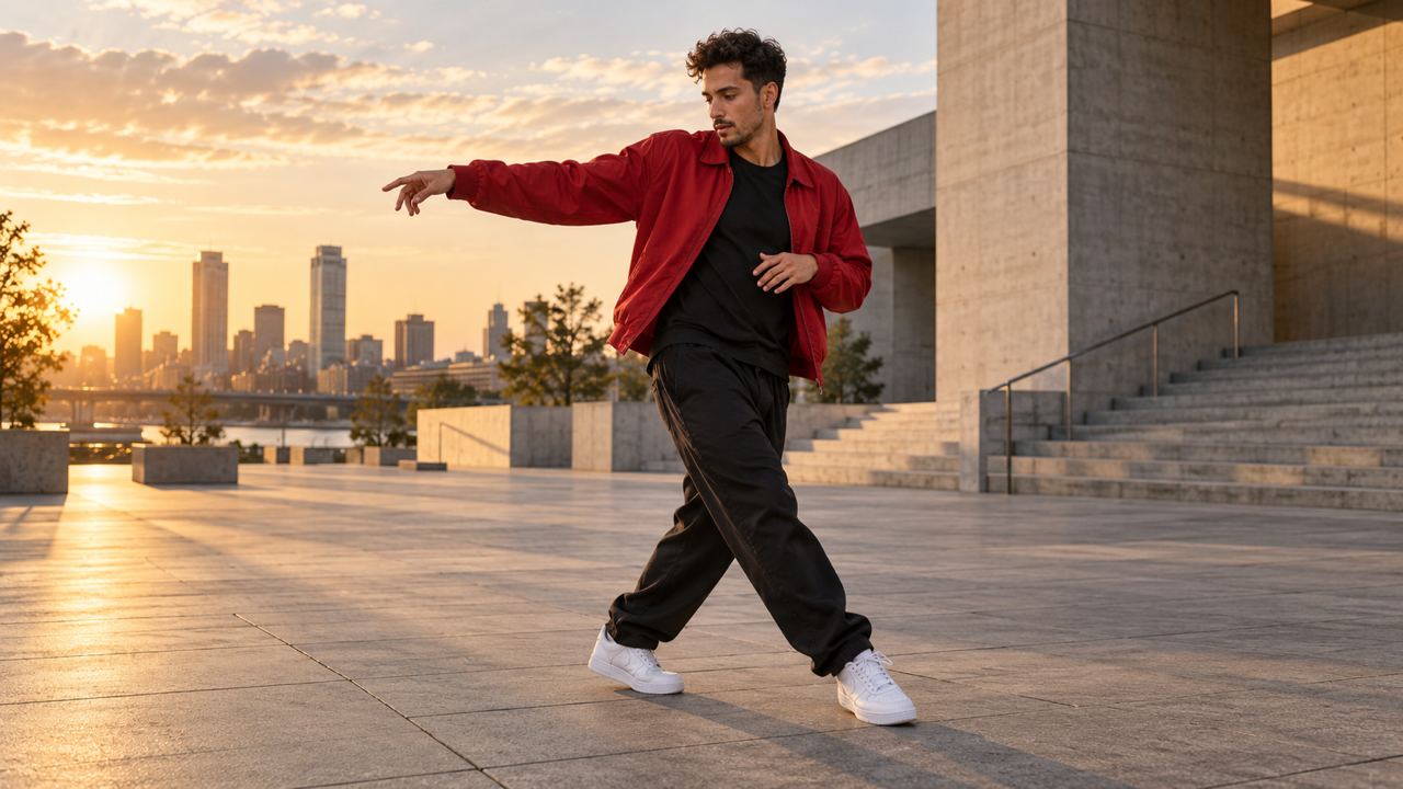 Original adult street dancer in a red jacket and dark trousers, full body visible in a modern concrete plaza, relaxed side-step stance with one arm extending, soft cinematic afternoon light.