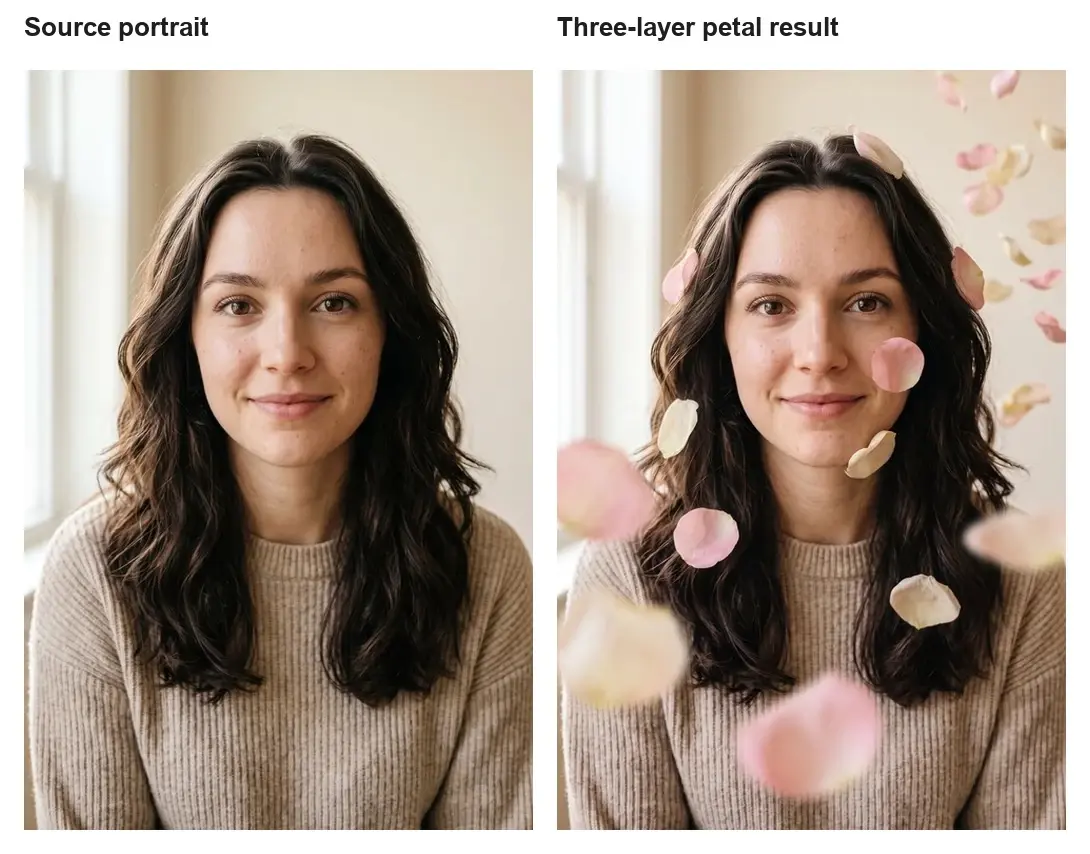 Side-by-side portrait before and after petals overlay the woman's face and hair