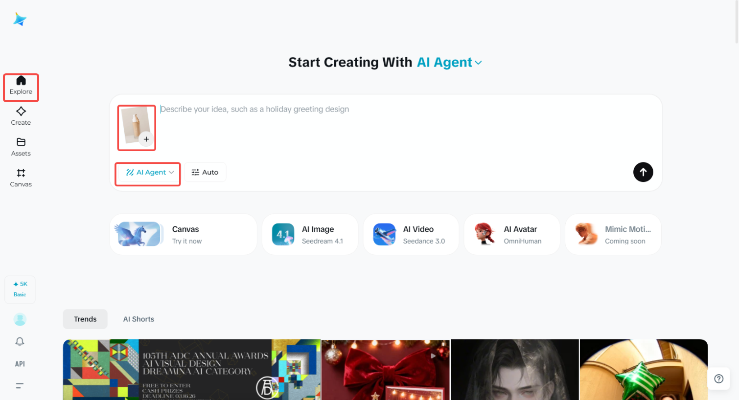 Greifen Sie auf den Dreamina AI Agent zu und geben Sie das Produktbild ein