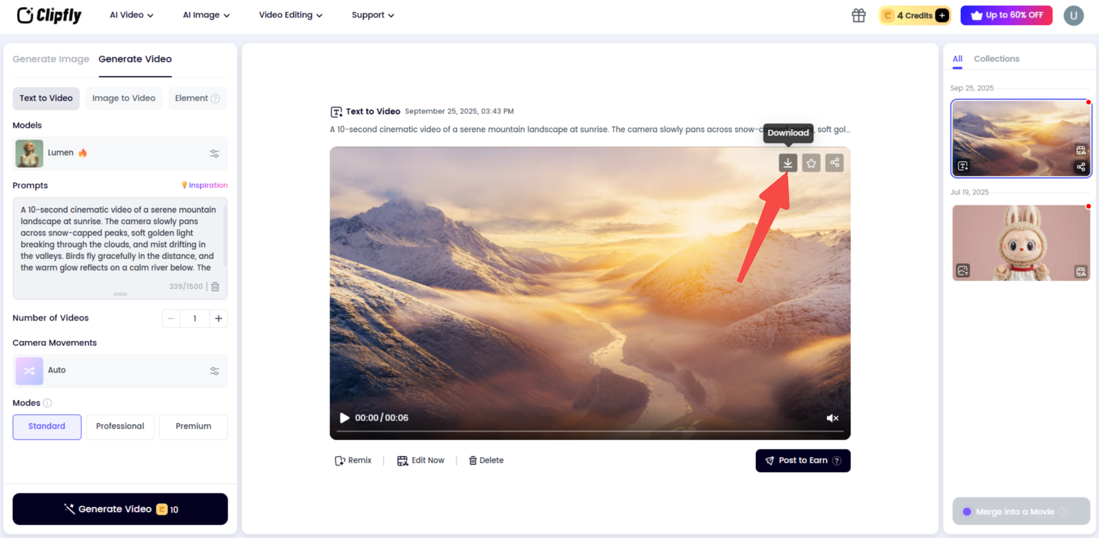 Exporting a video from the Clipfly AI video generator