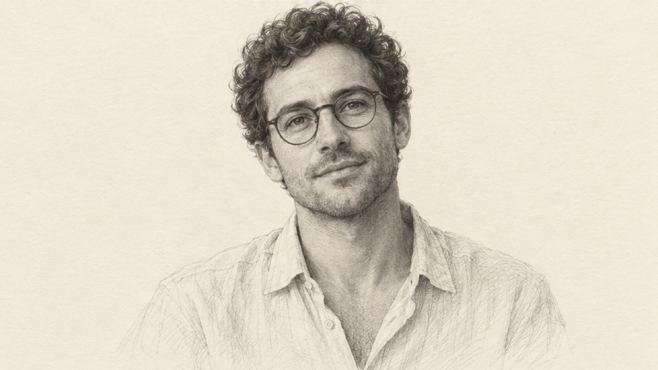 16:9 airy fine-line graphite portrait drawing of adult man with short curly hair, round spectacles and open-collar linen shirt, restrained crosshatching, pale cream paper and wide negative space, full head and shoulders, no text or tools.