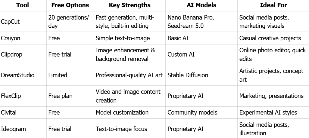 AI Image Generators Comparison Table