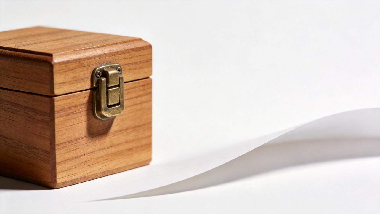 Wooden box with brass latch on a white background