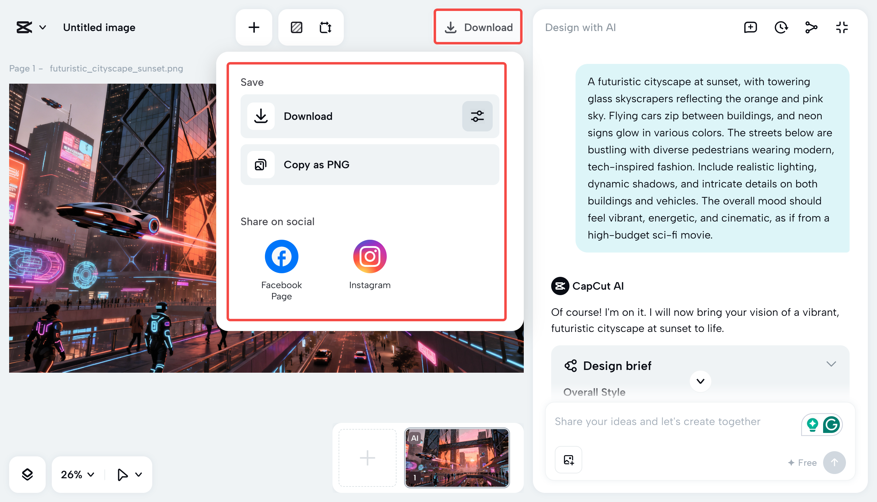 Exporting an AI-generated image from CapCut Web