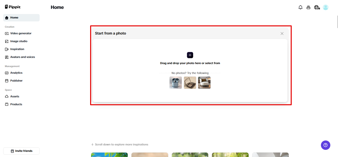 Uploading product photo to Pippit