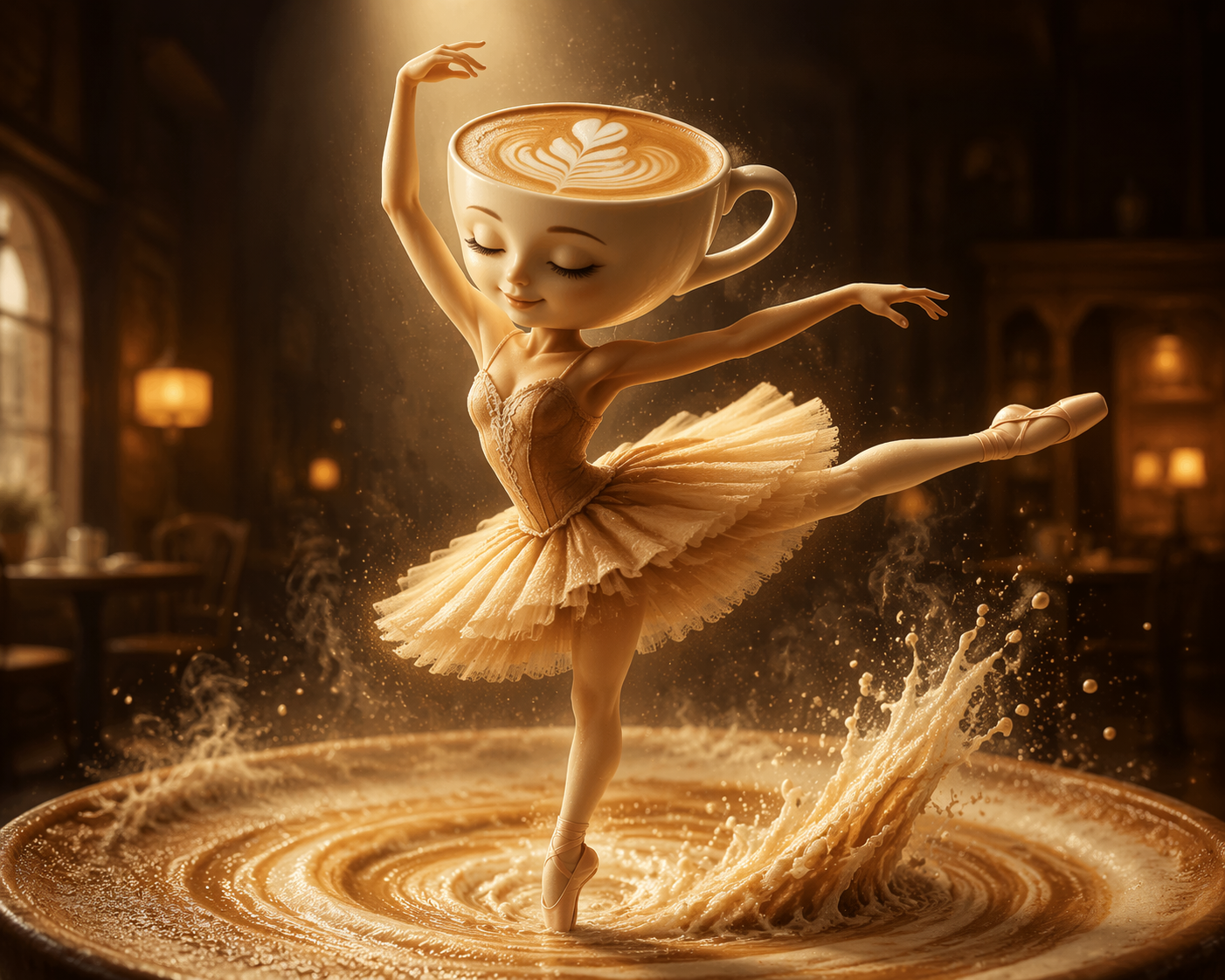 Dreamina ballerina cappuccina video prompt example 3: Steam-Lit Pirouette