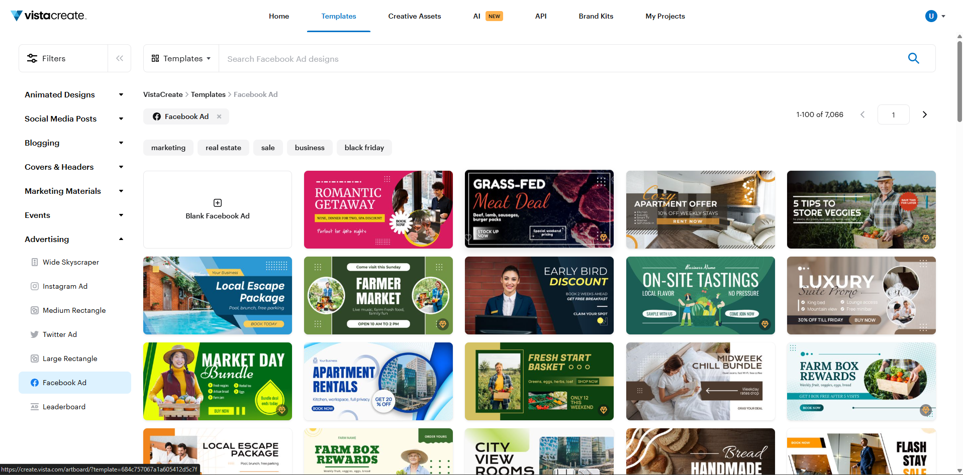 Interface of VistaCreate - a well known resource for Facebook ad templates