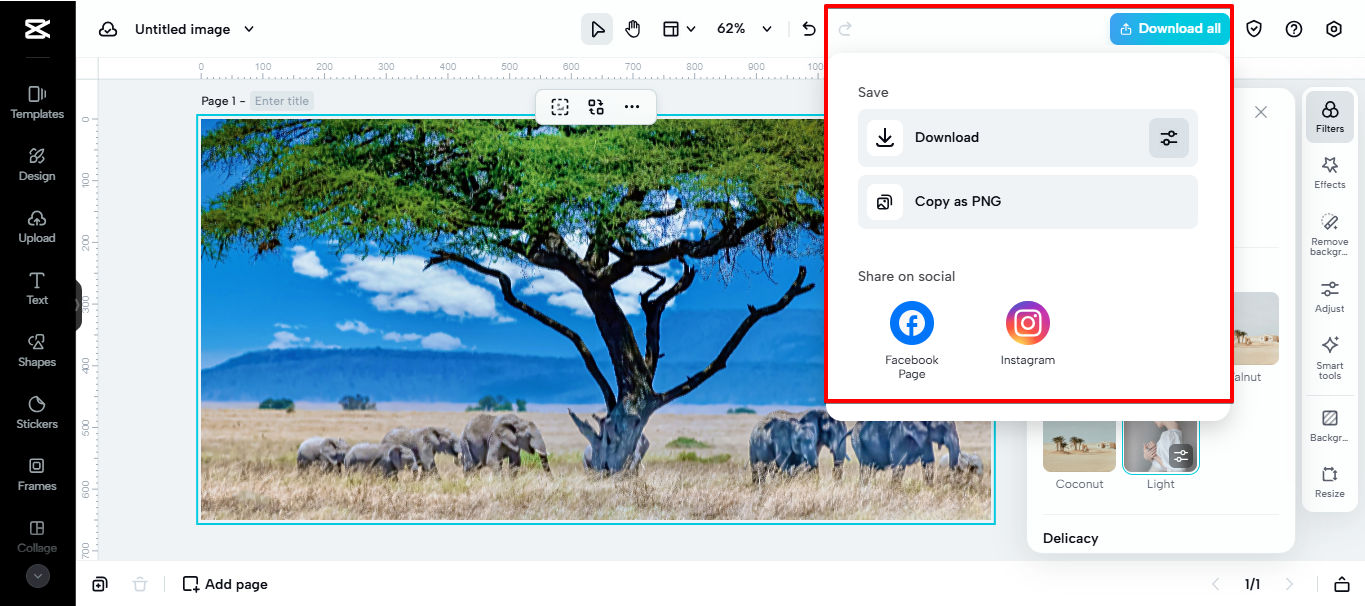 Exporting the image from CapCut Web