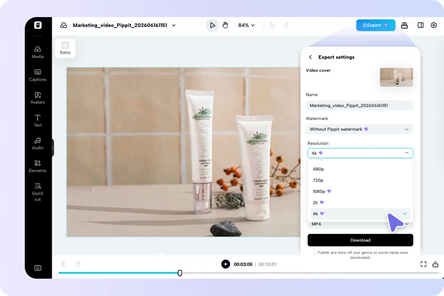 Export watermark free, high resolution video