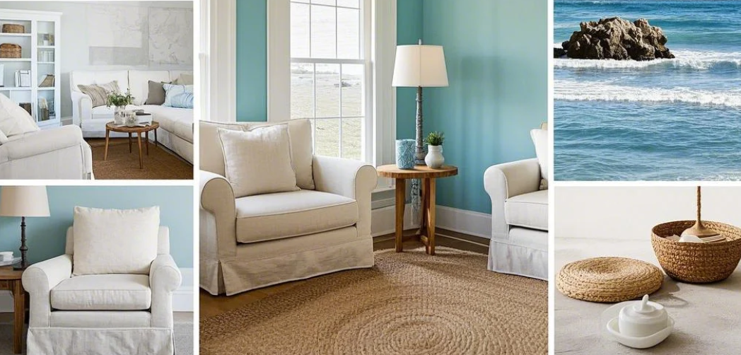 Entspanntes Stimmungsbrett für die Innenarchitektur an der Küste