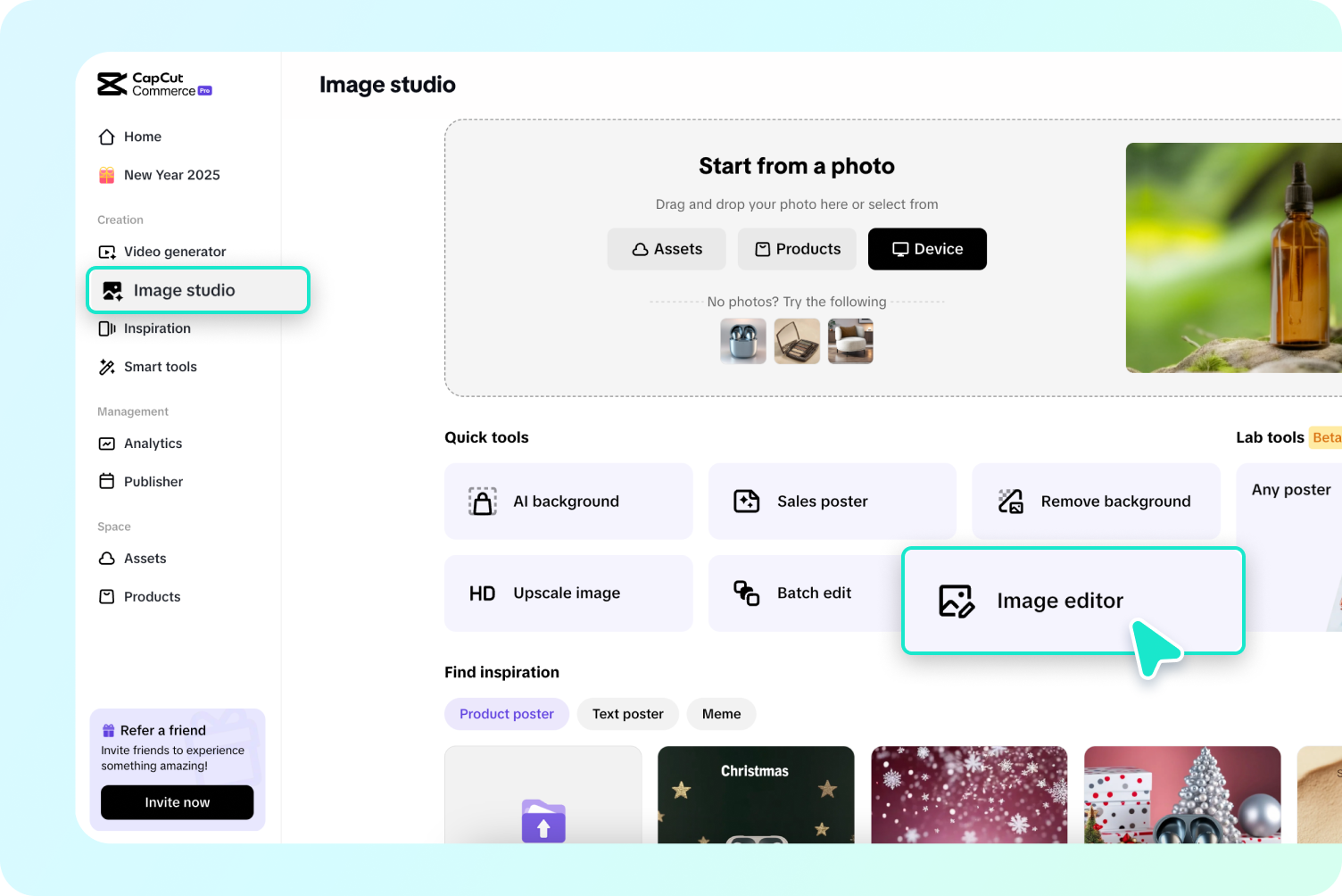 A user interface mockup of Pippit's Image Studio, showing tools for logo element creation like text, shapes, and color selection.