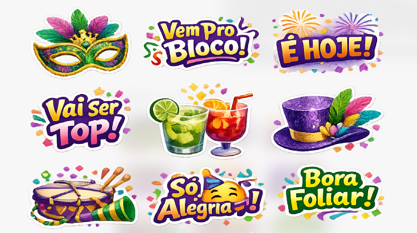 Exemplo de figurinhas de WhatsApp de Carnaval criadas a partir de elementos do convite digital.